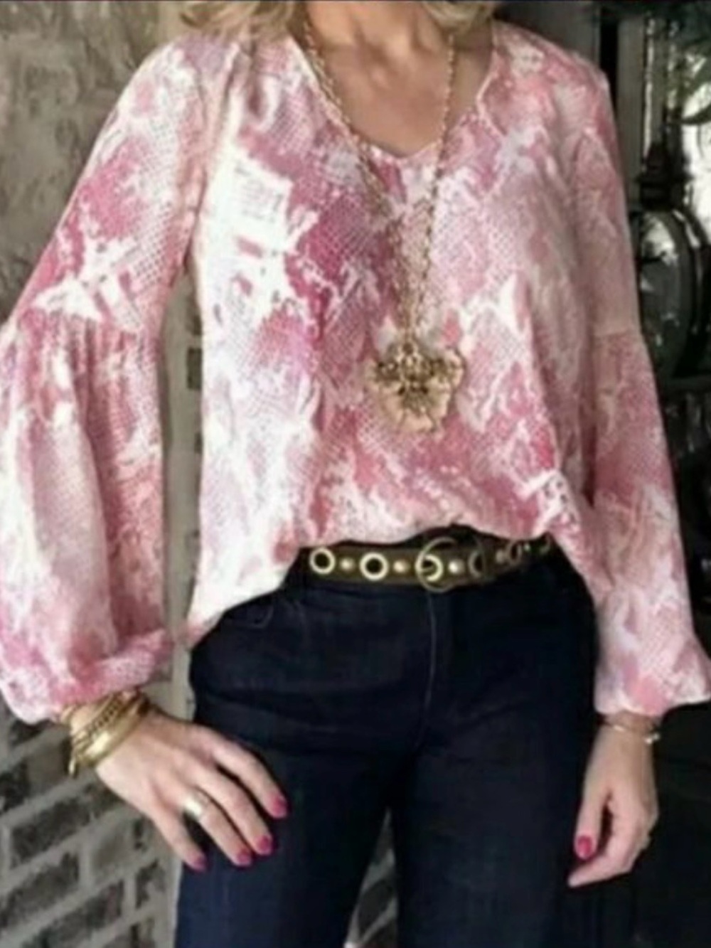 CAbi Bethany Blouse Pink Snake Print Balloon Sleeve Romantic Modern Boho Top S